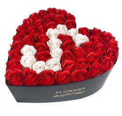Aranjamente florale - Aranjament floral personalizat cu litera cutie inima neagra cu 49 trandafiri de sapun Litera B
