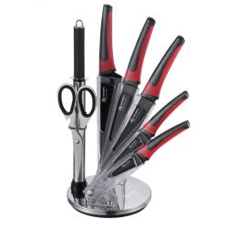 Edenberg Set de cutite Edenberg EB-952, 8 piese, Otel carbon, Foarfeca, Ascutitor, Suport acrilic, Negru/Rosu (EB-952)