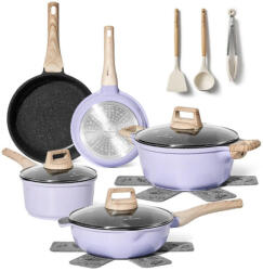 Just Perfecto JL-34 edénykészlet, 13 darabos, alumínium, márvány felülettel, üvegfedővel és gőzölőnyílással, PTFE és PFOA mentes, indukciós, lila