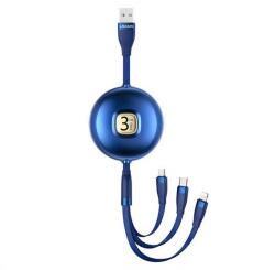 USAMS u69 adatkábel 3in1, usb - type-c/lightning/microusb, 3a, 100cm, csévélhető, sötétkék (SJ508USB02)