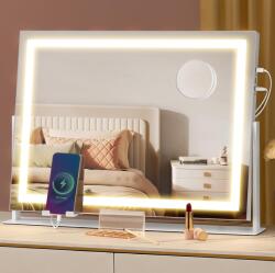 Brius Oglinda machiaj cu iluminare LED, 3 culori lumina, suport telefon, 2 porturi USB, zoom 10x, 58x43 cm, alb (EZ-LWM002W02)