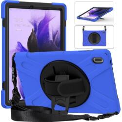  360 Tartós hibrid borítás szíjjal és kéztartóval Samsung Galaxy Tab S7 FE T736-hoz - Fekete/kék (101237752F)