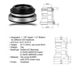 Author Kormánycsapágy ACO-HS40 A-HEAD INTEGRÁLT ALU. (1 1/8" / d: 41, 8mm/51, 8/39, 8mm), FEKETE