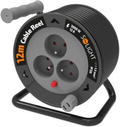 Solight Kábeldobos hosszabbító 3 aljzattal - 12m, fekete