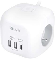 Solight Hosszabbító kábel 3 aljzattal + USB - kocka, 2m, kapcsoló, 3x1, 0, fehér