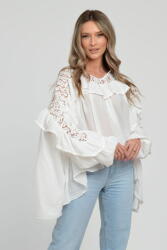 SHOPIKA Bluza boho oversize din batist de bumbac, in colturi, cu volan si dantela, alba Talie unica