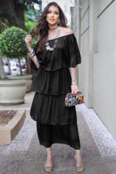 SHOPIKA Rochie lunga suprapusa din matase si vascoza, cu trei volane mari si elastic pe umeri, neagra Talie unica