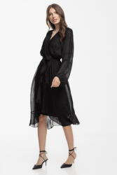SHOPIKA Rochie eleganta din matase si vascoza, petrecuta, cu maneci vaporoase si croiala asimetrica, neagra Talie unica
