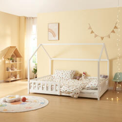 [en. casa] Pat Copii Hesel tip Casuta Montessori 140x200cm cu Protectie Impotriva Caderilor, Lemn de Brad, Alb (85047716)