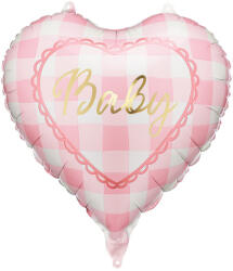  Rózsaszín babás fólia szív lufi, 35 cm, arany felirattal (FB352)