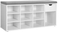 VASAGLE Cipőtároló pad, fiókkal és nyitott rekeszekkel, párnázott ülőfelülettel, fehér és szürke 104x30x48cm - edeco