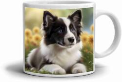  Fehér kerámia bögre 330ml képpel - virágokban pompázó border collie (HRNEK-90X82-BILY-180)