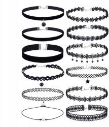 EdiBazzar Fekete Choker 12db-os nyaklánc szíj csipke boho női punk retro (Czarny CHOKER Zestaw 12szt naszyjnik rzemyk)