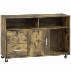 HomCom Nyomtatótartó Görgős Szekrény 2 Fiókkal, 3 Polccal és 2 Szekrénnyel, Forgácslapból, 100x35x65 cm, Rusztikus Barna