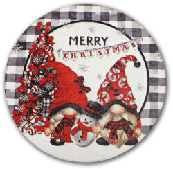  Nyomtatott fa tábla koszorú közép - Merry Christmas manós 14, 8cm