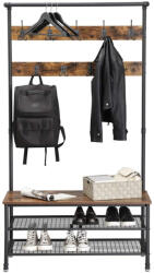 VASAGLE Előszoba fogas polccal, akasztókkal, cipőtartóval és ülőkével, rusztikus barna 97x41x182cm