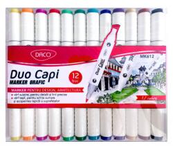 Daco Set 12 markere grafice, pentru design si arhitectura, cerneala rezistenta la apa, varf dublu 1 mm si 6.5 mm (MK612)