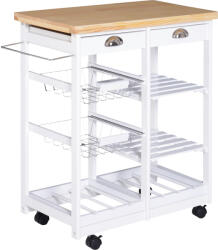 HOMCOM Cărucior pentru Bucătărie cu Sertare și Suport pentru Sticle Design Elegant în Lemn și Alb | Aosom Romania (801-079WT)