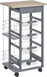 HOMCOM Cărucior de Bucătărie Gri Închis, 1 Sertar, 4 Coșuri Metalice, 2 Etajere, MDF, Lemn de Pin, Metal, 47x37x83cm | Aosom Romania (801-121V01CG)