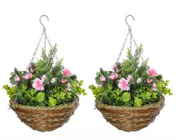 Outsunny Set 2 Ghivece de Agățat cu Plante Artificiale Lisianthus, Suport din Răchită și Bază de Ciment, Ф25x34cm | Aosom Romania (844-360)