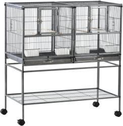 PawHut Colivie Dubla pentru Pasari din Metal cu Tavi Detasabile Suport cu 4 Roti si Raft, 95x45.5x102cm, Neagra Gri | Aosom Romania (D10-052)