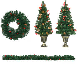 HomCom Set de decoratiuni pentru Craciun set 4 piese, coroana de ghirlande si set de 2 copaci cu lumini LED | AOSOM RO (830-529V00GN)
