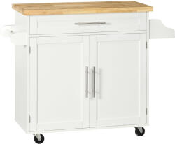 HOMCOM Carucior de bucatarie cu sertar și dulap, 4 roti din care 2 cu frana, lemn, 109x40x89cm, alb HOMCOM | Aosom Romania (801-178WT)