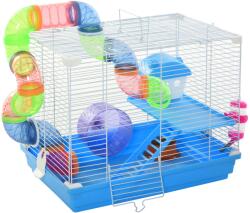PawHut Cușcă pentru Hamster cu 2 Niveluri, Rezervor de Apă, Tavă Detașabilă, Tunel și Roată, 46x30x37cm, Albastru | Aosom Romania (D51-213)