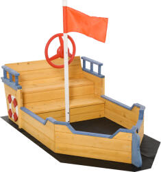 Outsunny Nisipar din Lemn pentru Copii in Forma de Corabie de Pirati cu Compartiment de Depozitare, Joc de Gradina 158x78x45.5cm | Aosom Romania (343-022V01)