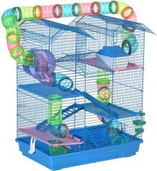 PawHut Cușcă pentru Hamsteri cu 5 Etaje, Roți, Tub, Sticlă de Apă, Farfurii, Scară, Casă, 47x30x59 cm, Albastru | Aosom Romania (D51-162)