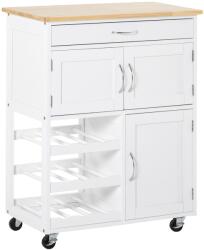 HOMCOM Cărucior Bucătărie cu Suport Sticle, Lemn de Cauciuc și MDF, 67x37x87cm, Design Elegant, Alb | Aosom Romania (801-179)