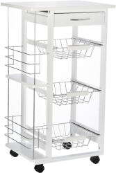 HOMCOM Carucior de Bucatarie, Lemn de Pin Alb, 4 Roti, Sertar, Cosuri Detasabile, 47x37x83cm HOMCOM | Aosom Romania (801-130WT)