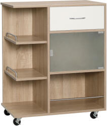 HOMCOM Cărucior Bucătărie Modern 3 Niveluri, Ușă Sticlă, Roți, Rafturi Deschise, Sistem Anti-Cădere, 65x39x80cm, Natural-Alb | Aosom Romania (801-242ND)