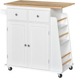 HOMCOM Cărucior Bucătărie cu 3 Niveluri, 2 Sertare Culisante, 4 Roți, Raft Reglabil, Design Modern, Alb și Lemn Natural, 89x45x89cm | Aosom Romania (801-163)