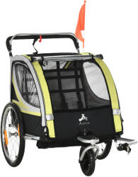 HomCom Remorca pentru bicicleta pentru copii 2 in 1, centura in 5 puncte, geanta de depozitare, reflector, steag, galben | Aosom Romania (440-026YL)