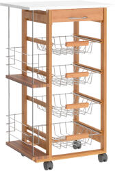 HOMCOM Cărucior de Bucătărie din Lemn Maro, Suport Alimente, 1 Sertar, 4 Coșuri Metalice, MDF, Lemn de Pin, Metal, 47x37x83cm | Aosom Romania (801-121V01ND)