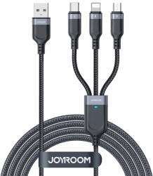 JOYROOM Универсален USB-A кабел с Lightning, microUSB и USB-C конектори (30 см) - Joyroom 3-in-1 USB-A Fast Charging Cable 3.5A (черен) (S-A18 S-1T3018A18)
