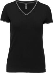 Kariban Női V-nyakú piké póló, csíkos szélekkel, Kariban KA394, Black/Light Grey/White-L (ka394bl-lgr-wh-l)