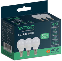 V-TAC LED izzó gömb alakú E14, 4, 5w, 4000K, természetes fehér, 470lm, 180°, fehér, CRI>80, 3 db/csomag, V-TAC, 217358 (217358)