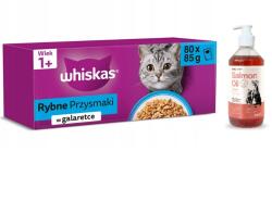 Whiskas Whiskas Adult 80x85g nedves macskaeledel halas ínyencségek zselében + LAB V lazacolaj kutyáknak és macskáknak 500 ml