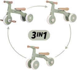Petite&Mars Bingo 3 az 1-ben Multifunkciós Gyerek Tricikli Sage Leaf - Tolókarral Irányítható, Átalakítható Kialakítás, Kényelmes és Biztonságos