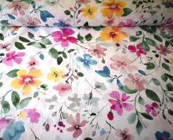  Pamutvászon textil - 160 cm színes virágok - lila - sárga