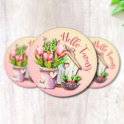  Nyomtatott fa tábla - Hello Tavasz - tulipános, kör 3db/cs - csinaldmagadshop