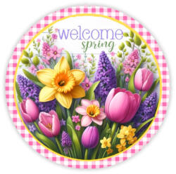  Nyomtatott fa tábla koszorú közép - Welcome Spring 11, 8cm - csinaldmagadshop