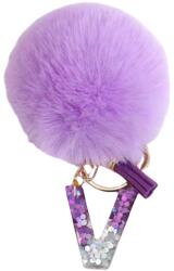  Lila pomponos kulcstartó - V betű, stílusos kiegészítő (brelok)