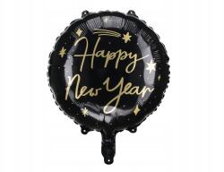 PartyDeco Fólia lufi Happy New Year kerek fekete 45cm Szilveszter Dekoráció