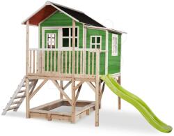 EXIT Toys Căsuță din cedru pe stâlpi Loft 550 Green Exit Toys mare cu acoperiș impermeabil nisipar și tobogan de 1, 75 m verde (ET50062200) Casuta pentru copii