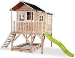 EXIT Toys Căsuță din cedru pe piloni Loft 550 Natural Exit Toys mare cu acoperiș impermeabil nisipar și tobogan de 1, 75 m bej (ET50062100) Casuta pentru copii