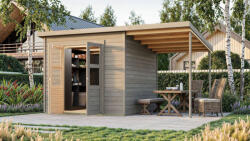 Karibu Merseburg 5. fa kerti tároló, fészer, tetővel és bővítménnyel/terasszal, modern dizájnnal, szürkére festett fából 400 cm x 214 cm
