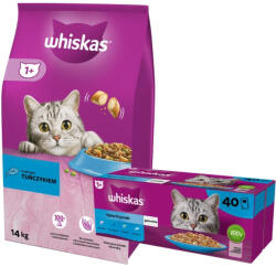 Whiskas WHISKAS 1+ száraz macskaeledel tonhallal 14 kg +WHISKAS Adult tasakok 40 x 85 g halas finomságok